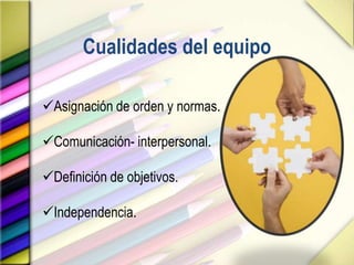 Cualidades del equipo
Asignación de orden y normas.
Comunicación- interpersonal.
Definición de objetivos.
Independencia.
 