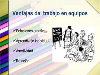 Ventajas del trabajo en equipos
Soluciones creativas
Aprendizaje individual
Asertividad
Rotación
 