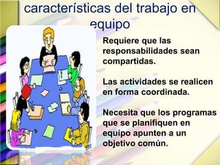 características del trabajo en
equipo
Requiere que las
responsabilidades sean
compartidas.
Las actividades se realicen
en forma coordinada.
Necesita que los programas
que se planifiquen en
equipo apunten a un
objetivo común.
 