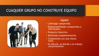 CUAQUIER GRUPO NO CONSTRUYE EQUIPO
EQUIPO
• Liderazgo compartida.
• Responsabilidades compartidas e
individuales.
• Producto Colectivo.
• Destrezas complementarias.
• Compromiso con una misma
meta.
• Se discute, se decide y se trabaja
conjuntamente.
 