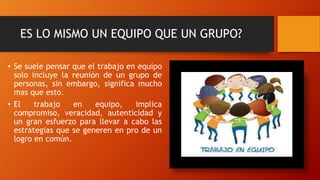 ES LO MISMO UN EQUIPO QUE UN GRUPO?
• Se suele pensar que el trabajo en equipo
solo incluye la reunión de un grupo de
personas, sin embargo, significa mucho
mas que esto.
• El trabajo en equipo, implica
compromiso, veracidad, autenticidad y
un gran esfuerzo para llevar a cabo las
estrategias que se generen en pro de un
logro en común.
 