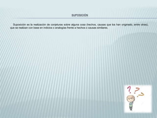 SUPOSICIÓN
Suposición es la realización de conjeturas sobre alguna cosa (hechos, causas que los han originado, entre otras),
que se realizan con base en indicios o analogías frente a hechos o causas similares.
 