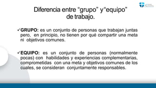 Diferencia entre “grupo” y“equipo”
de trabajo.
GRUPO: es un conjunto de personas que trabajan juntas
pero, en principio, ...