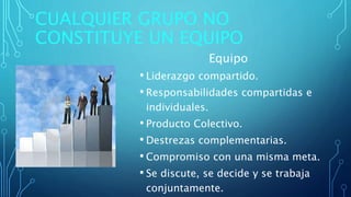 CUALQUIER GRUPO NO
CONSTITUYE UN EQUIPO
Equipo
• Liderazgo compartido.
• Responsabilidades compartidas e
individuales.
• Producto Colectivo.
• Destrezas complementarias.
• Compromiso con una misma meta.
• Se discute, se decide y se trabaja
conjuntamente.
 