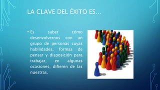 LA CLAVE DEL ÉXITO ES…
• Es saber cómo
desenvolvernos con un
grupo de personas cuyas
habilidades, formas de
pensar y disposición para
trabajar, en algunas
ocasiones, difieren de las
nuestras.
 