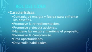 ROL DEL LÍDER
•Características:
•Contagia de energía y fuerza para enfrentar
los desafíos.
•Promueve la retroalimentación.
•Promueve y ejecuta acciones.
•Mantiene las metas y mantiene el propósito.
•Promueve le compromiso.
•Crea oportunidades.
•Desarrolla habilidades.
 