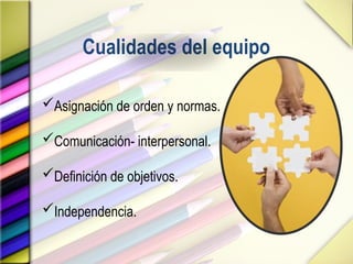 Cualidades del equipo
Asignación de orden y normas.
Comunicación- interpersonal.
Definición de objetivos.
Independencia.
 