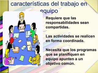 características del trabajo en
equipo
Requiere que las
responsabilidades sean
compartidas.
Las actividades se realicen
en forma coordinada.
Necesita que los programas
que se planifiquen en
equipo apunten a un
objetivo común.
 