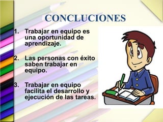 CONCLUCIONES
1. Trabajar en equipo es
una oportunidad de
aprendizaje.
2. Las personas con éxito
saben trabajar en
equipo.
3. Trabajar en equipo
facilita el desarrollo y
ejecución de las tareas.
 
