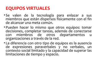 EQUIPOS VIRTUALES
•Se valen de la tecnología para enlazar a sus
miembros que están dispersos físicamente con el fin
de alcanzar una meta común.
•Pueden hacer lo mismo que otros equipos: tomar
decisiones, completar tareas, además de conectarse
con miembros de otros departamentos u
organizaciones a través de la red.
•La diferencia con otro tipo de equipos es la ausencia
de expresiones paraverbales y no verbales, un
contexto social limitado y la capacidad de superar las
limitaciones de tiempo y espacio.
 