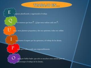 E
U
Q
O
P
I
mpezar planificando y organizando el trabajo
mportante el respeto por las opiniones y el trabajo de los demás.
nos y otros planteen propuestas y den sus opiniones, todas son validas.
ué tenemos que hacer?. ¿Que tarea realizar cada uno?.
articipen todos y cada uno responsablemente
pten por hablar bajito, que solo se escuchen entre ustedes para no
interrumpir el trabajo de los demás.
 