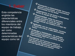 1. Saber
Esta competencia
engloba las
características
diferenciales entre
los miembros del
equipo de trabajo,
así como
determinadas
características del
equipo como tal.
 