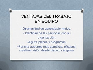 VENTAJAS DEL TRABAJO
EN EQUIPO
Oportunidad de aprendizaje mutuo.
• Identidad de las personas con su
organización.
•Agiliza planes y programas.
•Permite acciones mas asertivas, eficaces,
creativas visión desde distintos ángulos.
 