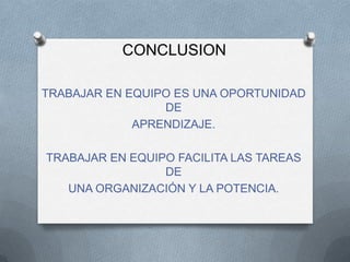 CONCLUSION
TRABAJAR EN EQUIPO ES UNA OPORTUNIDAD
DE
APRENDIZAJE.
TRABAJAR EN EQUIPO FACILITA LAS TAREAS
DE
UNA ORGANIZACIÓN Y LA POTENCIA.
 