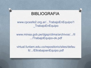 BIBLIOGRAFIA
www.cpcesfe2.org.ar/...TrabajoEnEquipo/1
_TrabajoEnEquipo
www.minsa.gob.pe/dgsp/clima/archivos/.../II
.../TrabajoEquipo-ok.pdf
virtual.funlam.edu.co/repositorio/sites/defau
lt/.../EltrabajoenEquipo.pdf
 