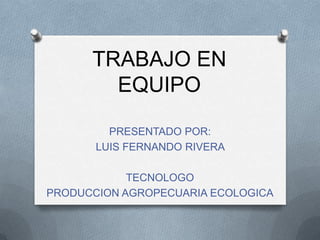 TRABAJO EN
EQUIPO
PRESENTADO POR:
LUIS FERNANDO RIVERA
TECNOLOGO
PRODUCCION AGROPECUARIA ECOLOGICA
 