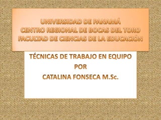 UNIVERSIDAD DE PANAMÁCENTRO REGIONAL DE BOCAS DEL TOROFACULTAD DE CIENCIAS DE LA EDUCACIÓN TÉCNICAS DE TRABAJO EN EQUIPO POR  CATALINA FONSECA M.Sc. 