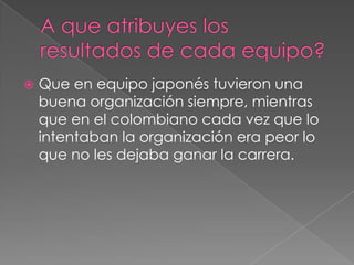    Que en equipo japonés tuvieron una
    buena organización siempre, mientras
    que en el colombiano cada vez que lo
    intentaban la organización era peor lo
    que no les dejaba ganar la carrera.
 