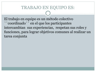 TRABAJO EN EQUIPO ES:

El trabajo en equipo es un método colectivo
``coordinado´´ en el que los participantes
intercambian sus experiencias, respetan sus roles y
funciones, para lograr objetivos comunes al realizar un
tarea conjunta
 