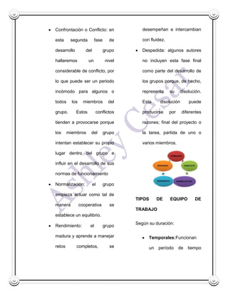 Confrontación o Conflicto: en                desempeñan e intercambian

esta     segunda          fase      de       con fluidez.

desarrollo         del           grupo       Despedida: algunos autores

hallaremos           un           nivel      no incluyen esta fase final

considerable de conflicto, por               como parte del desarrollo de

lo que puede ser un periodo                  los grupos porque, de hecho,

incómodo para algunos o                      representa     su     disolución.

todos     los     miembros         del       Esta     disolución       puede

grupo.       Estos        conflictos         producirse     por    diferentes

tienden a provocarse porque                  razones; final del proyecto o

los     miembros      del        grupo       la tarea, partida de uno o

intentan establecer su propio                varios miembros.

lugar dentro del grupo e

influir en el desarrollo de sus

normas de funcionamiento

Normalización:           el      grupo

empieza actuar como tal de
                                          TIPOS      DE     EQUIPO        DE
manera          cooperativa         se
                                          TRABAJO
establece un equilibrio.
                                          Según su duración:
Rendimiento:         el          grupo

madura y aprende a manejar                      Temporales:Funcionan
retos        completos,             se          un   período      de   tiempo
 