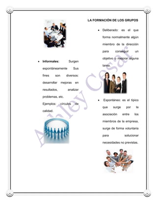 LA FORMACIÓN DE LOS GRUPOS


                                         Deliberado:      es    el   que

                                         forma normalmente algún

                                         miembro de la dirección

                                         para      conseguir         un

                                         objetivo o mejorar alguna
Informales:            Surgen
                                         tarea.
espontáneamente             Sus

fines      son       diversos:

desarrollar      mejoras     en

resultados,           analizar

problemas, etc.
                                          Espontáneo: es el típico
Ejemplos:        círculos    de
                                         que      surge        por    la
calidad.
                                         asociación       entre      los

                                         miembros de la empresa,

                                         surge de forma voluntaria

                                         para              solucionar

                                         necesidades no previstas.
 