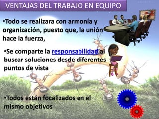 •Todo se realizara con armonía y
organización, puesto que, la unión
hace la fuerza,
•Se comparte la responsabilidad al
buscar soluciones desde diferentes
puntos de vista
•Todos están focalizados en el
mismo objetivos
VENTAJAS DEL TRABAJO EN EQUIPO
 
