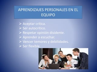 APRENDIZAJES PERSONALES EN EL 
EQUIPO 
 Aceptar crítica. 
 Ser autocrítico. 
 Respetar opinión disidente. 
 Aprender a escuchar. 
 Vencer temores y debilidades. 
 Ser flexible. 
 