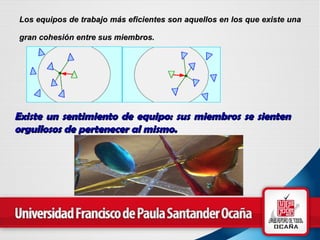 Los equipos de trabajo más eficientes son aquellos en los que existe una gran cohesión entre sus miembros.   Existe un  sentimiento de equipo : sus miembros se sienten orgullosos de pertenecer al mismo.   