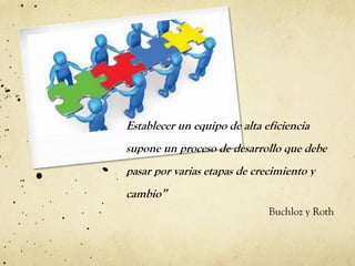 Establecer un equipo de alta eficiencia
supone un proceso de desarrollo que debe
pasar por varias etapas de crecimiento y
cambio”
Buchloz y Roth
 