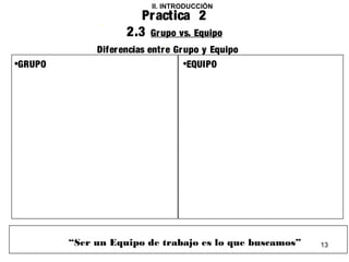 13 
II. INTRODUCCIÓN 
Practica 2 
2.3 Grupo vs. Equipo 
Diferencias entre Grupo y Equipo 
•GRUPO •EQUIPO 
“Ser un Equipo de trabajo es lo que buscamos” 
 