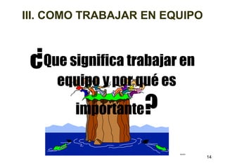 14 
III. COMO TRABAJAR EN EQUIPO 
¿Que significa trabajar en 
09/2001 
equipo y por qué es 
importante? 
 