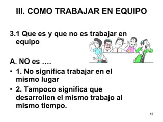 15 
III. COMO TRABAJAR EN EQUIPO 
3.1 Que es y que no es trabajar en 
equipo 
A. NO es …. 
• 1. No significa trabajar en el 
mismo lugar 
• 2. Tampoco significa que 
desarrollen el mismo trabajo al 
mismo tiempo. 
 