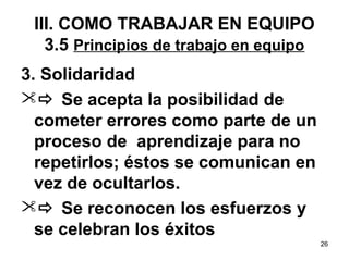 26 
III. COMO TRABAJAR EN EQUIPO 
3.5 Principios de trabajo en equipo 
3. Solidaridad 
 Se acepta la posibilidad de 
cometer errores como parte de un 
proceso de aprendizaje para no 
repetirlos; éstos se comunican en 
vez de ocultarlos. 
 Se reconocen los esfuerzos y 
se celebran los éxitos 
 