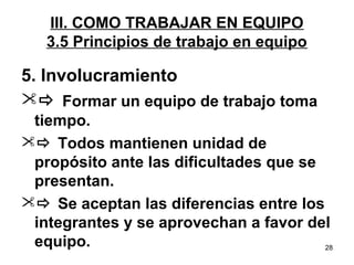 5. Involucramiento 
 Formar un equipo de trabajo toma 
tiempo. 
 Todos mantienen unidad de 
propósito ante las dificultades que se 
presentan. 
 Se aceptan las diferencias entre los 
integrantes y se aprovechan a favor del 
equipo. 
28 
III. COMO TRABAJAR EN EQUIPO 
3.5 Principios de trabajo en equipo 
 