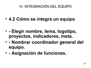33 
IV. INTEGRACIÓN DEL EQUIPO 
• 4.2 Cómo se integra un equipo 
• - Elegir nombre, lema, logotipo, 
proyectos, indicadores, meta. 
• - Nombrar coordinador general del 
equipo. 
• - Asignación de funciones. 
 