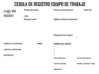 36 
CEDULA DE REGISTRO EQUIPO DE TRABAJO 
Logo del 
equipo: 
Nombre del equipo: Proceso al que pertenece: Fecha alta 
Lema: 
Situación actual: Objetivo ambicioso (inyección): 
Perspectiva de la mejora: 
DUEÑO DE LA ESTRATEGIA: FIRMAS NORMAS DEL EQUIPO 
1 
LIDER DE LA ESTRATEGIA: 2 
3 
INTEGRANTES: 4 
Inicio del proyecto: Termino del proyecto: 
Inversión estimada: Beneficio estimado (T-I-GO) 
Seguimiento: 
 