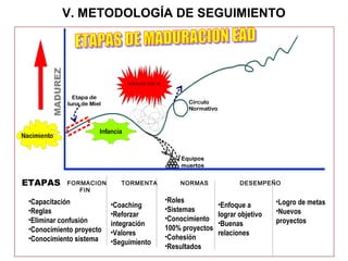 46 
Equipos 
muertos 
•Capacitación 
•Reglas 
•Eliminar confusión 
•Conocimiento proyecto 
•Conocimiento sistema 
•Roles 
•Sistemas 
•Conocimiento 
100% proyectos 
•Cohesión 
•Resultados 
MADUREZ 
ADOLESCENCIA 
FORMACION TORMENTA NORMAS DESEMPEÑO 
FIN 
•Coaching 
•Reforzar 
integración 
•Valores 
•Seguimiento 
•Enfoque a 
lograr objetivo 
•Buenas 
relaciones 
•Logro de metas 
•Nuevos 
proyectos 
ETAPAS 
V. METODOLOGÍA DE SEGUIMIENTO 
