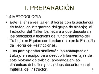1.4 METODOLOGIA 
• Este taller se realiza en 8 horas con la asistencia 
de todos los integrantes del grupo de trabajo; el 
Instructor del Taller los llevará a que descubran 
los principios y técnicas del funcionamiento del 
Trabajo en Equipo con fundamento en la Filosofía 
de Teoría de Restricciones. 
• Los participantes analizarán los conceptos del 
trabajo en equipo para descubrir las ventajas de 
este sistema de trabajo apoyados en las 
dinámicas del taller y los videos descritos en el 
material del instructor. 
6 
I. PREPARACIÓN 
 