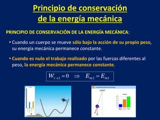 Principio de conservación
de la energía mecánica
PRINCIPIO DE CONSERVACIÓN DE LA ENERGÍA MECÁNICA:
• Cuando un cuerpo se mueve sólo bajo la acción de su propio peso,
su energía mecánica permanece constante.
• Cuando es nulo el trabajo realizado por las fuerzas diferentes al
peso, la energía mecánica permanece constante.
 