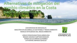 Alternativas de mitigación del
cambio climático en la Costa
pacífica Colombiana
JORGE EDINSON BASTIDASARBOLEDA
MAGDA JOHANA HURTADO RIASCOS
DIANA CECILIA MENA GUTIERREZ
CATHERINE OBANDO GRUESO
UNIVERSIDAD DE MANIZALES
MAESTRIA EN DESARROLLO SOSTENIBLEY MEDIOAMBIENTE
MANEJO INTEGRADO DEL MEDIOAMBIENTE
 