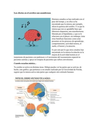Los efectos en el cerebro son asombrosos
Distintos estudios se han realizado con el
paso del tiempo, y en ellos se ha
encontrado que la música, por ejemplo,
afecta la química del cerebro. Y es que la
música que nos es agradable hace que
liberemos dopamina, una neurohormona
liberada por el hipotálamo, y que se le
relaciona con el placer; sin embargo, tiene
otras benéficas funciones como estar
presentes en los procesos de aprendizaje,
comportamiento, actividad motora, el
sueño, el humor y la atención.
Es por esto por lo que otros estudios han
encontrado en la música la relación en la
mejora de la actividad motora en el
tratamiento de pacientes con parkinson o el incremento del razonamiento espacial en
pacientes autistas y apoyo en terapias de pacientes que sufren convulsiones.
Cuando escuchas música...
Tu cerebro se activa en distintas áreas. Debajo puedes ver las partes que se activan, de
hecho, este gráfico, que pertenece a un estudio realizado por la Universidad de Florida,
sugiere que la música activa más partes que cualquier otro estímulo humano.
 