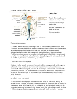 La música:
Regula el nivel de hormonas
relacionadas con el estrés.
Fortalece la memoria y el
aprendizaje.
Afecta la velocidad de las
ondas cerebrales.
Recrea recuerdos.
Cuando tocas música…
Tu cerebro entra en procesos que a simple vista no parecieran tan poderosos. Pero lo son.
Un estudio en niños demostró que niños que tenían una educación musical de 3 años o más,
presentaban un incremento en su motricidad fina, así como en la discriminación
auditiva (esto indispensable para el estudio de idiomas distintos a la lengua materna).
También esos niños presentaron un mejor vocabulario, mejores habilidades en su lenguaje
no verbal y su entendimiento de la información visual, distinguiendo con mayor facilidad
las similitudes, las diferencias de formas y los patrones.
Cuando haces música en grupo
Si alguna vez has cantado en un coro o has hecho música con alguien más sabrás a qué se
refiere este punto. Un estudio muy interesante encontró la respuesta científica a esa
sensación de trabajo en conjunto o las olas de emoción que corren cuando estás cantando
junto a otras personas. Y es que literalmente se sincronizan. Se encontró por ejemplo que
un canto al unísono hace que los corazones de los cantantes aceleren y desaceleren de
forma simultánea.
La música como energizante
Se dice esto de la música ya que escucharla afecta el latido del corazón, el pulso y la
presión arterial. También, como mencionaba líneas arriba, la música es capaz de cambiar la
velocidad de ondas cerebrales, así pues, la música con un pulso de unos sesenta beats por
minuto puede cambiar la conciencia beta hacia el rango alfa, esto mejora el estado de alerta
y el bienestar general, algo muy parecido a lo que sucede con la meditación y la yoga.
 