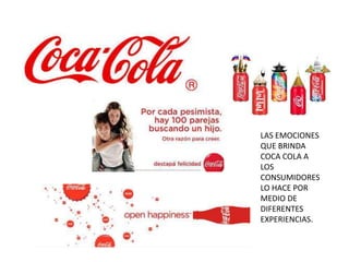 LAS EMOCIONES
QUE BRINDA
COCA COLA A
LOS
CONSUMIDORES
LO HACE POR
MEDIO DE
DIFERENTES
EXPERIENCIAS.
 