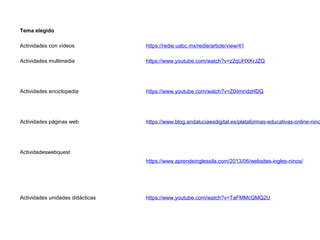 Tema elegido
Actividades con vídeos https://redie.uabc.mx/redie/article/view/41
Actividades multimedia https://www.youtube.com/watch?v=z2qUHXKrJZQ
Actividades enciclopedia https://www.youtube.com/watch?v=Z0iImndzHDQ
Actividades páginas web https://www.blog.andaluciaesdigital.es/plataformas-educativas-online-nino
Actividadeswebquest
https://www.aprendeinglessila.com/2013/06/websites-ingles-ninos/
Actividades unidades didácticas https://www.youtube.com/watch?v=TaFMMcQMQ2U
 