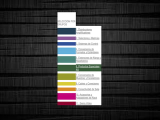 Protocolo
SELECCIÓN POR
GRUPOS
1. Distribuidores
Amplificadores
2. Selectores y Matrices
3. Sistemas de Control
4. Conversores de
Formatos y Estándares
5. Extensores de Rango y
Repetidores
6. Productos Especiales
AV
7. Conversores de
Muestreo y Escaladores
8. Cables y Conectores
9. Conectividad de Sala
10. Accesorios y
Adaptadores de Rack
11. Sierra Video
 