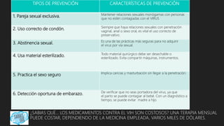 TIPOS DE PREVENCIÓN CARACTERÍSTICAS DE PREVENCIÓN
1. Pareja sexual exclusiva. Mantener relaciones sexuales monógamas con personas
que no estén contagiadas con el VIRUS
2. Uso correcto de condón. Siempre que haya relaciones sexuales con penetración
vaginal, anal o sexo oral, es vital el uso correcto de
preservativo.
3. Abstinencia sexual. Es una de las prácticas más seguras para no adquirir
el virus por vía sexual.
4. Usa material esterilizado. Todo material quirúrgico debe ser desechable o
esterilizado. Evita compartir máquinas, instrumentos.
5. Practica el sexo seguro Implica caricias y masturbación sin llegar a la penetración.
6. Detección oportuna de embarazo. De verificar que no seas portadora del virus, ya que
el parto se puede contagiar al bebé. Con un diagnóstico a
tiempo, se puede evitar madre a hijo.
¿SABIAS QUÉ… LOS MEDICAMENTOS CONTRA EL VIH SON COSTOSOS? UNA TERAPIA MENSUAL
PUEDE COSTAR, DEPENDIENDO DE LA MEDICINA EMPLEADA, VARIOS MILES DE DÓLARES.
 