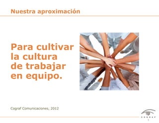 Nuestra aproximación




Para cultivar
la cultura
de trabajar
en equipo.


Cograf Comunicaciones, 2012


Para Cultivar Espíritu de Trabajo en Equipo: Nuestra Aproximación - Cograf Comunicaciones - 2012   1
 