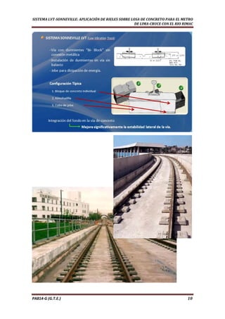  
SISTEMA LVT­SONNEVILLE: APLICACIÓN DE RIELES SOBRE LOSA DE CONCRETO PARA EL METRO 
DE LIMA­CRUCE CON EL RIO RIMAC 
PA814‐G (G.T.E.)                                                                                                                                       10 
 