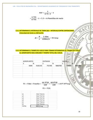 UNI – FACULTAD DE INGENIERÍA CIVIL – DEPARTAMENTO ACADEMICO DE TOPOGRAFIA Y VIAS TRANSPORTE
18
5.11. DETERMINAR EL INTERVALO DE TOMA (Δt) – INTERVALO ENTRE EXPOSICIONES
(Velocidad del Avión es 220 km/h).
5.12. DETERMINAR EL TIEMPO DE VUELO PARA TOMAR FOTOGRAFIAS (t), TIEMPO DE VUELO
AL AEROPUERTO MAS CERCANO Y TIEMPO TOTAL DEL VUELO.
AEROPUERTO ENTRADA SALIDA
E N E N E N
8309 9105145 755700 9060700 774000 9087300
L1 55.6 *(14-1)
L2 55.6 *(17-1)
L3 55.6 *(17-1)
L4 55.6 *(17-1)
L5 55.6 *(16-1)
L6 55.6 *(13-1)
TOTAL 4892.8 seg
 
