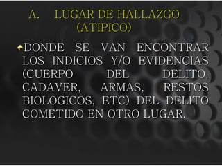 A.   LUGAR DE HALLAZGO
        (ATIPICO)
DONDE SE VAN ENCONTRAR
LOS INDICIOS Y/O EVIDENCIAS
(CUERPO      DEL     DELITO,
CADAVER,    ARMAS,   RESTOS
BIOLOGICOS, ETC) DEL DELITO
COMETIDO EN OTRO LUGAR.
 